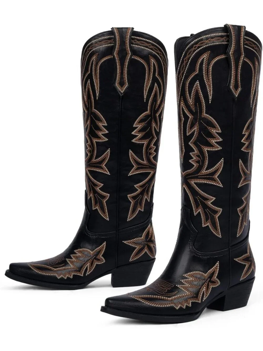 Women's Black Knee High Boots Embroidered Pull on Pointed Toe Chunky Heel